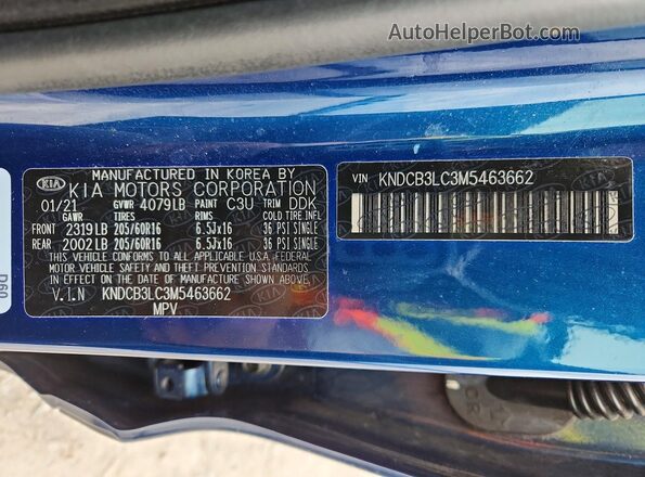 KNDCB3LC3M5463662 2021 KIA NIRO Blue Vista de la etiqueta del VIN