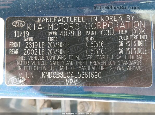 KNDCB3LC4L5361690 2020 KIA NIRO Blue Engine compartment view