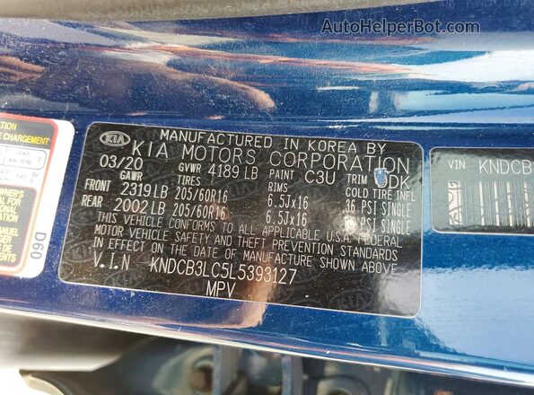 KNDCB3LC5L5393127 2020 KIA NIRO Blue Widok naklejki z numerem VIN