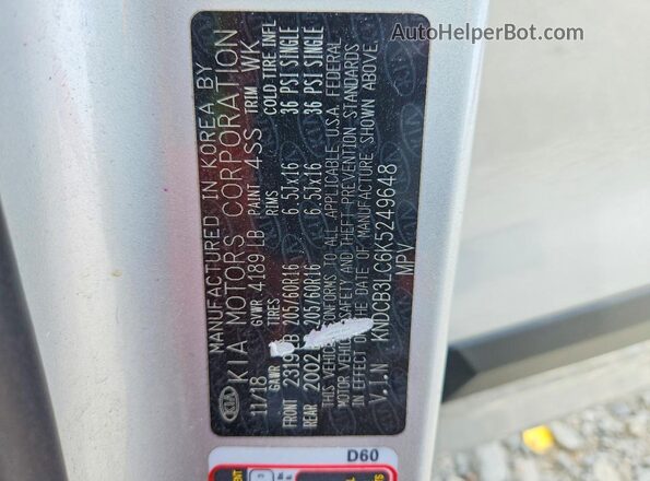 KNDCB3LC6K5249648 2019 KIA NIRO Silver Widok naklejki z numerem VIN