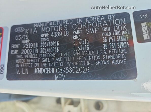 KNDCB3LC8K5302026 2019 KIA NIRO White 