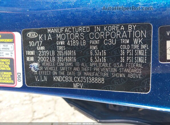 KNDCB3LCXJ5138888 2018 KIA NIRO Blue 