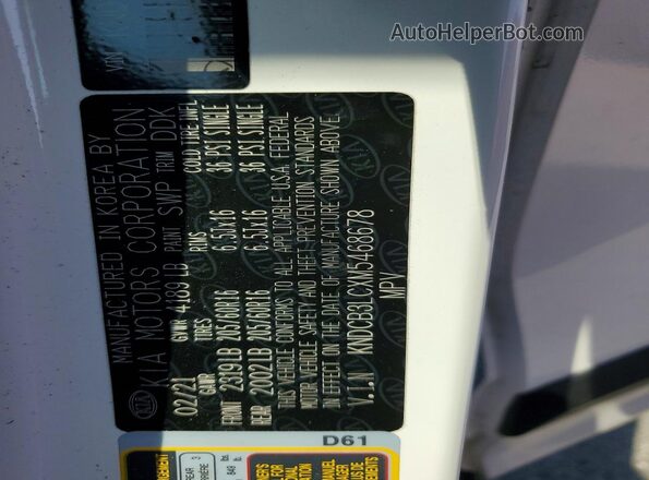 KNDCB3LCXM5468678 2021 KIA NIRO White Widok naklejki z numerem VIN