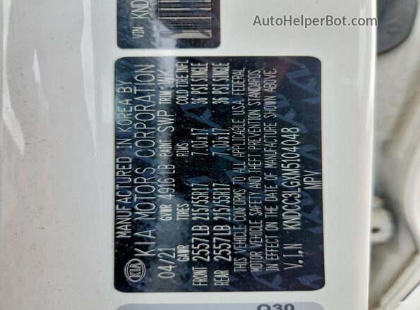KNDCC3LGXM5104048 2021 KIA NIRO White Vista de la etiqueta del VIN