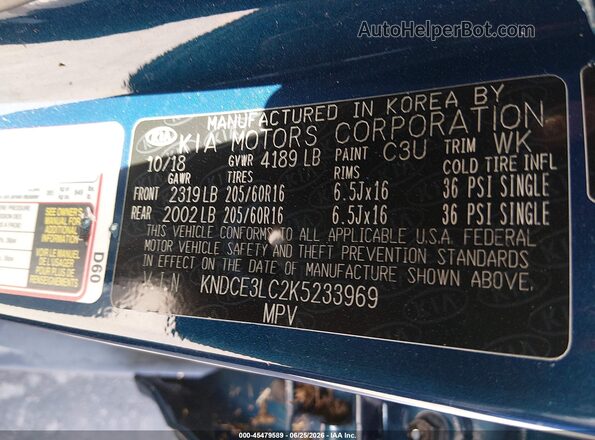 KNDCE3LC2K5233969 2019 KIA NIRO Синий Вид подкапотного пространства