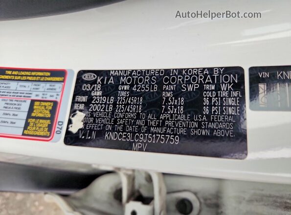KNDCE3LC9J5175759 2018 KIA NIRO White 