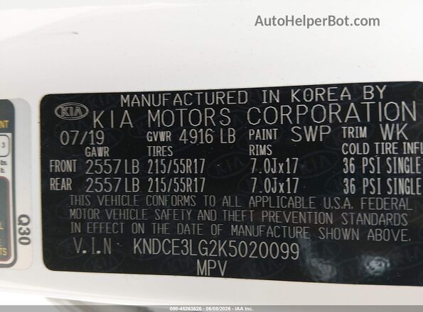 KNDCE3LG2K5020099 2019 KIA NIRO EV White Շարժիչի բաժամունքի տեսք