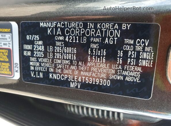 KNDCP3LE4T5319300 2026 KIA NIRO Gray VIN sticker view