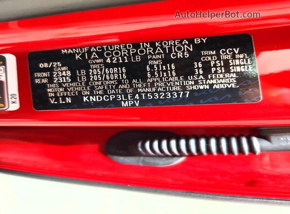 KNDCP3LE4T5323377 2026 KIA NIRO Red Вид наклейки з VIN-кодом