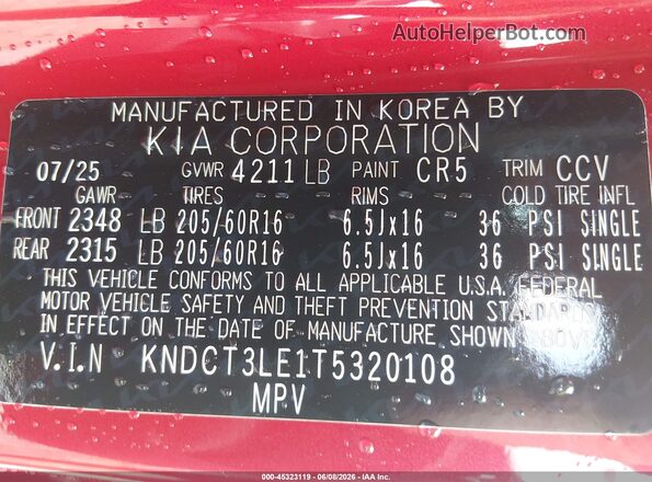 KNDCT3LE1T5320108 2026 KIA NIRO Red ძრავის განყოფილების ხედი