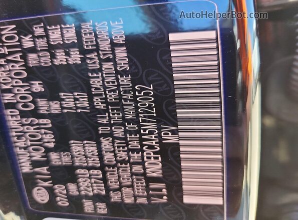 KNDEPCAA5M7129052 2021 KIA SELTOS Charcoal Вид наклейки з VIN-кодом