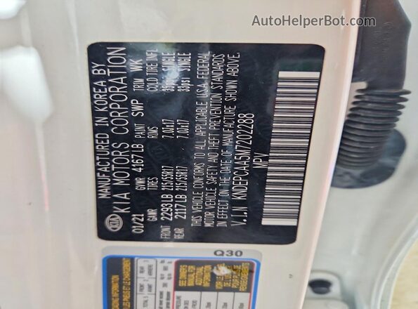 KNDEPCAA5M7202288 2021 KIA SELTOS White Вид наклейки з VIN-кодом