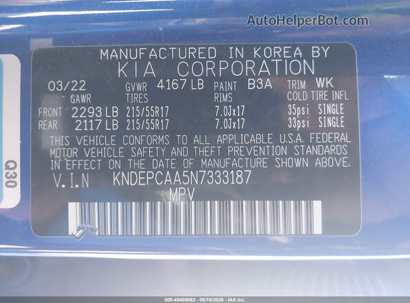 KNDEPCAA5N7333187 2022 KIA SELTOS Blue ძრავის განყოფილების ხედი