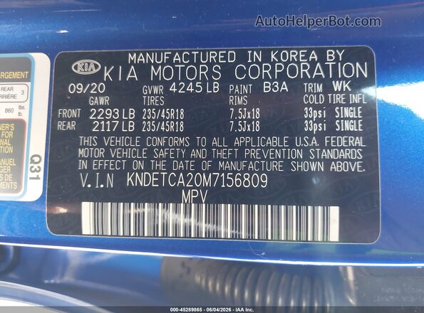 KNDETCA20M7156809 2021 KIA SELTOS Blue Vista del compartimento del motor