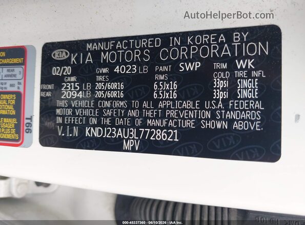 KNDJ23AU3L7728621 2020 KIA SOUL White Շարժիչի բաժամունքի տեսք