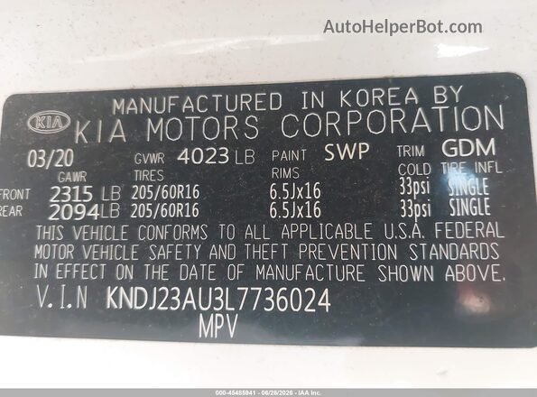KNDJ23AU3L7736024 2020 KIA SOUL Белый Вид подкапотного пространства