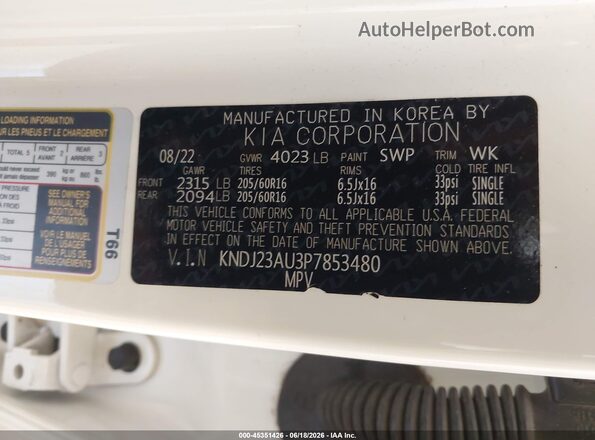 KNDJ23AU3P7853480 2023 KIA SOUL White Vista del compartimento del motor