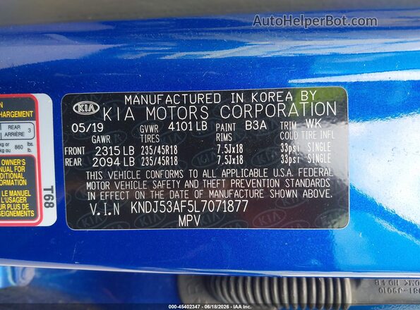 KNDJ53AF5L7071877 2020 KIA SOUL Blue Engine compartment view