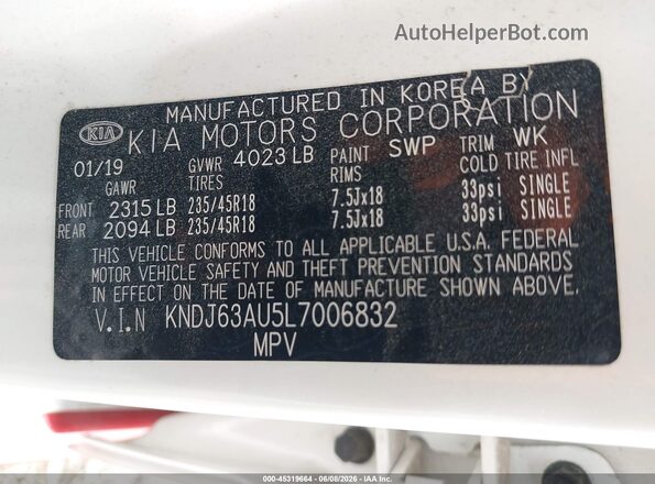 KNDJ63AU5L7006832 2020 KIA SOUL White Vista del compartimento del motor