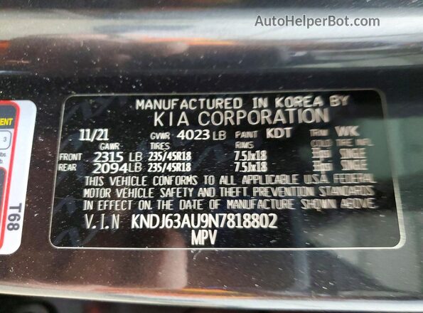 KNDJ63AU9N7818802 2022 KIA SOUL Серый Вид наклейки с VIN-кодом