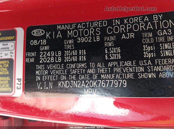 KNDJN2A20K7677979 2019 KIA SOUL Красный Вид подкапотного пространства
