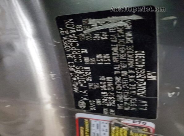 KNDJN2A26G7400910 2016 KIA SOUL Gray VIN կոդի պիտակի տեսք