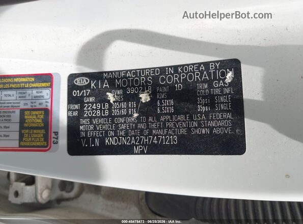 KNDJN2A27H7471213 2017 KIA SOUL White Շարժիչի բաժամունքի տեսք