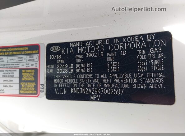 KNDJN2A29K7002597 2019 KIA SOUL White 
