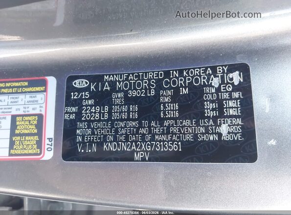 KNDJN2A2XG7313561 2016 KIA SOUL Gray Engine compartment view