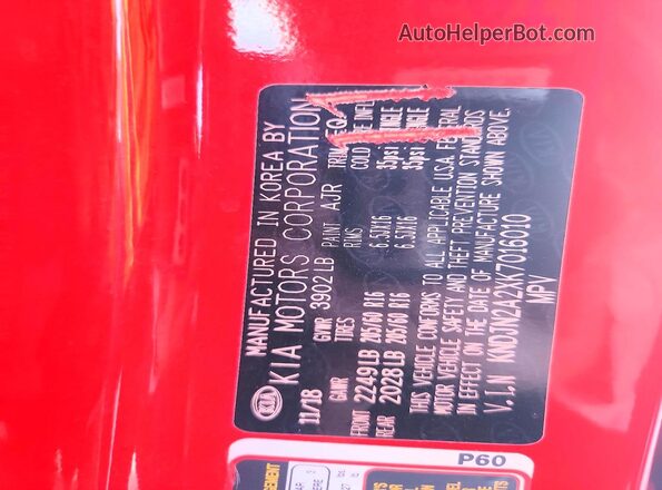KNDJN2A2XK7016010 2019 KIA SOUL Red 