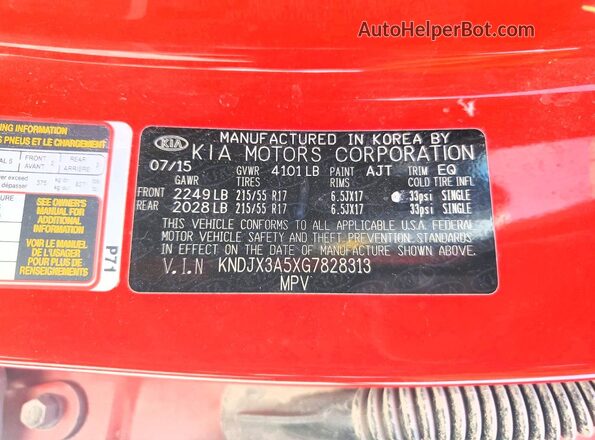KNDJX3A5XG7828313 2016 KIA SOUL Red Вид наклейки з VIN-кодом