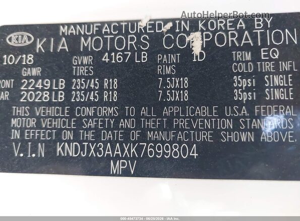 KNDJX3AAXK7699804 2019 KIA SOUL White Widok komory silnika