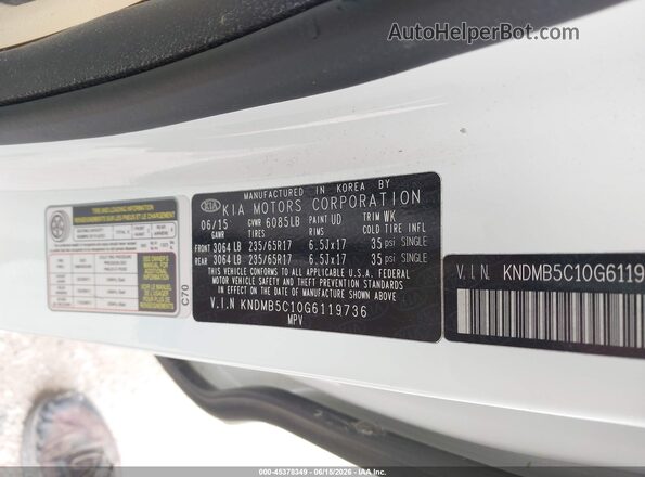 KNDMB5C10G6119736 2016 KIA SEDONA White Widok komory silnika