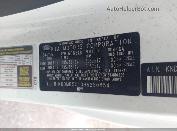 KNDMB5C10H6230854 2017 KIA SEDONA White Շարժիչի բաժամունքի տեսք