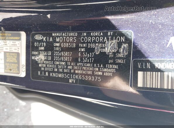 KNDMB5C10K6539375 2019 KIA SEDONA Dark Blue 