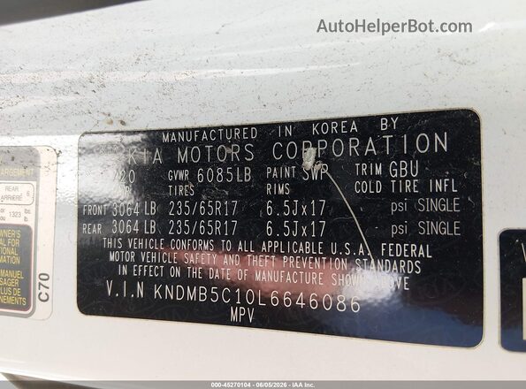 KNDMB5C10L6646086 2020 KIA SEDONA White ძრავის განყოფილების ხედი