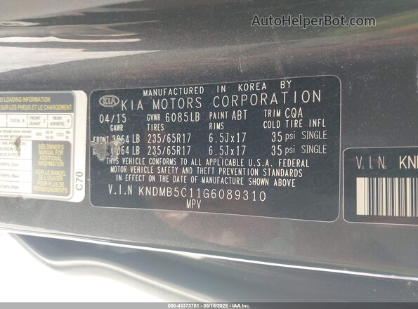 KNDMB5C11G6089310 2016 KIA SEDONA Gray 