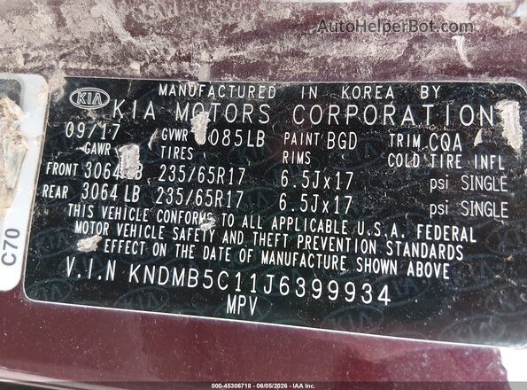 KNDMB5C11J6399934 2018 KIA SEDONA Burgundy Vista del compartimento del motor