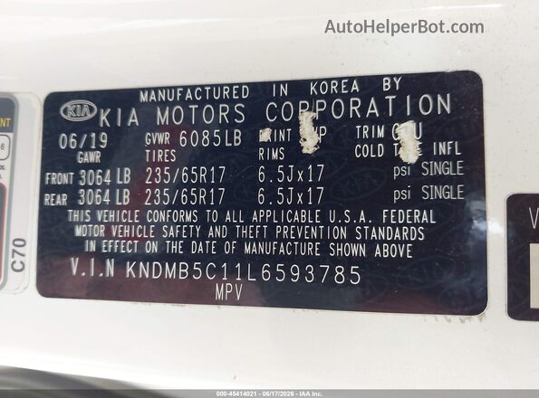 KNDMB5C11L6593785 2020 KIA SEDONA White 