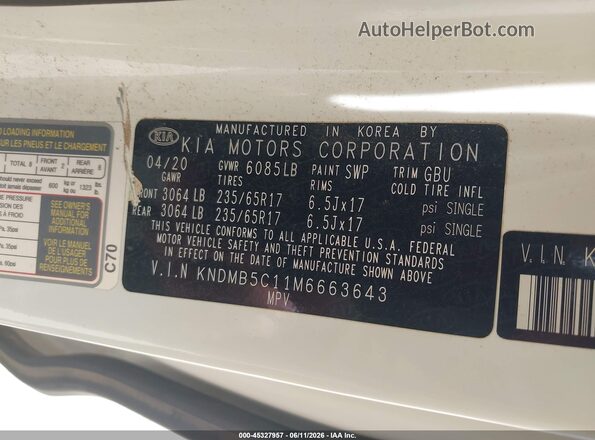 KNDMB5C11M6663643 2021 KIA SEDONA White 