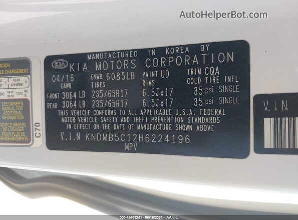 KNDMB5C12H6224196 2017 KIA SEDONA White Вид підкапотного простору