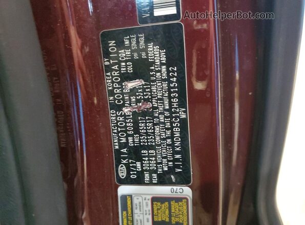 KNDMB5C12H6315422 2017 KIA SEDONA Burgundy VIN կոդի պիտակի տեսք