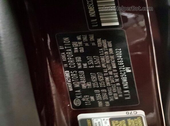 KNDMB5C12L6634022 2020 KIA SEDONA Burgundy VIN կոդի պիտակի տեսք