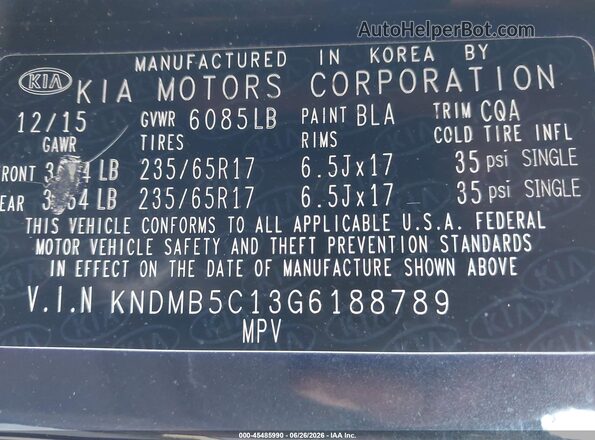 KNDMB5C13G6188789 2016 KIA SEDONA Black Vista del compartimento del motor