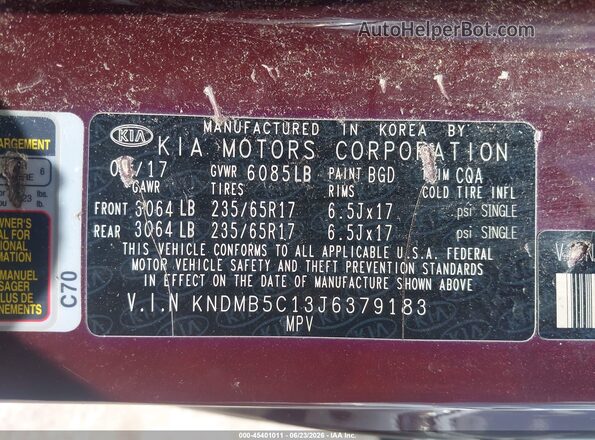 KNDMB5C13J6379183 2018 KIA SEDONA Burgundy Widok komory silnika