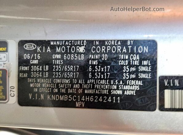 KNDMB5C14H6242411 2017 KIA SEDONA Серебряный Вид наклейки с VIN-кодом