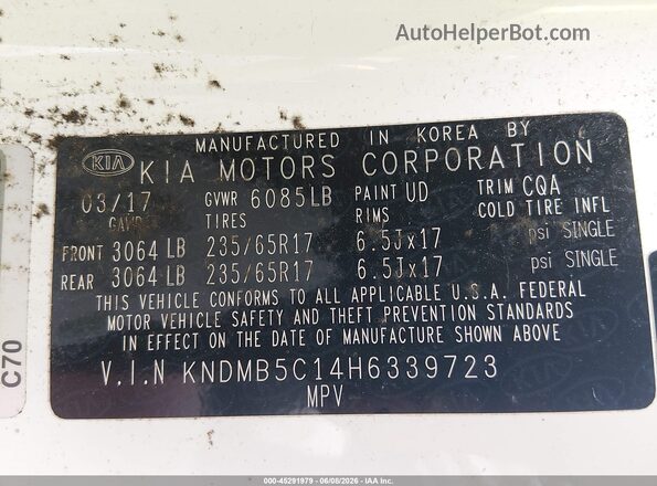 KNDMB5C14H6339723 2017 KIA SEDONA White Vista del compartimento del motor