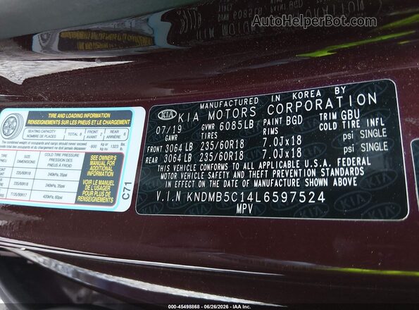 KNDMB5C14L6597524 2020 KIA SEDONA Brown Vista del compartimento del motor