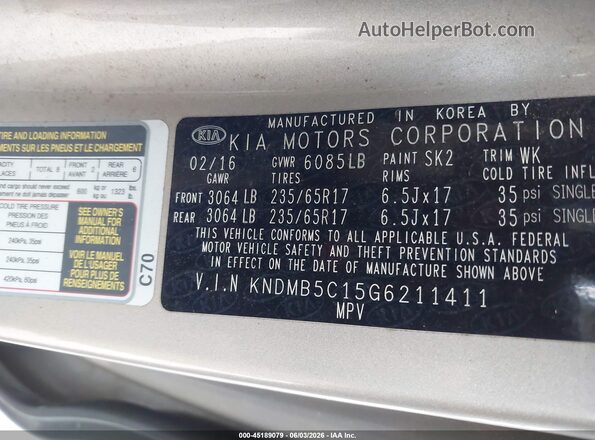 KNDMB5C15G6211411 2016 KIA SEDONA Champagne ძრავის განყოფილების ხედი