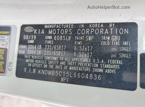 KNDMB5C15L6604836 2020 KIA SEDONA White Widok wnętrza 360 stopni